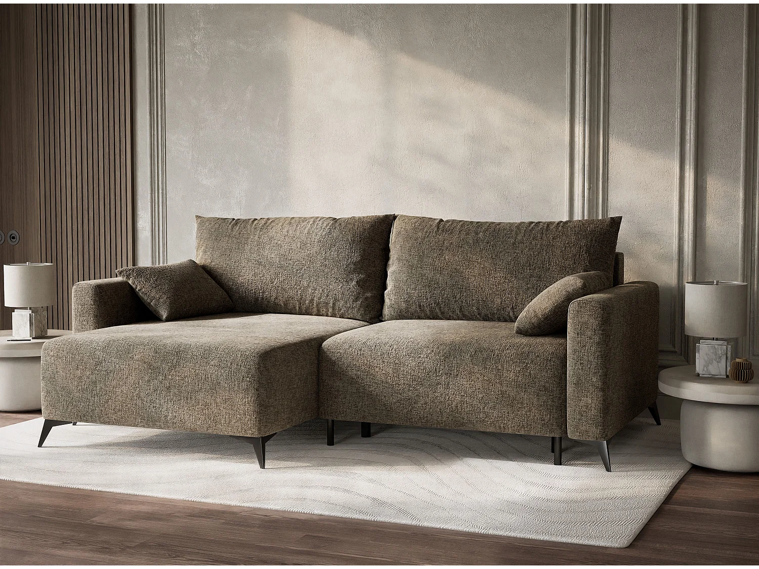 Canapé d'angle gauche avec fonction lit en tissu chenille taupe LEON