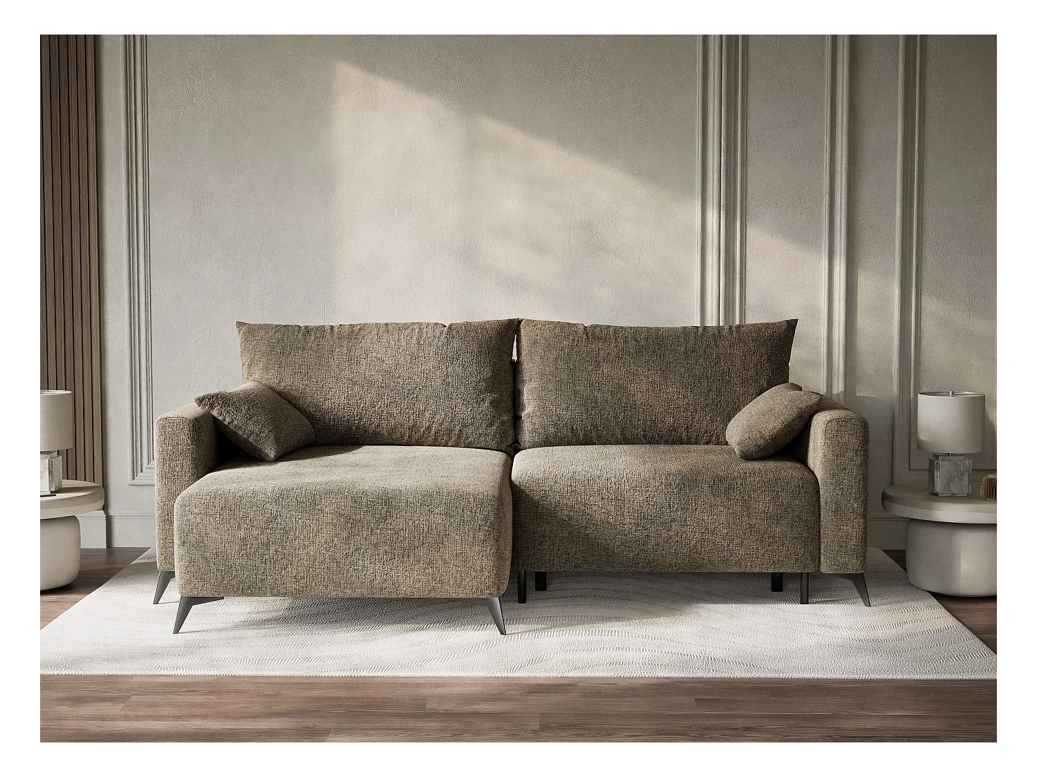 Canapé d'angle gauche avec fonction lit en tissu chenille taupe LEON