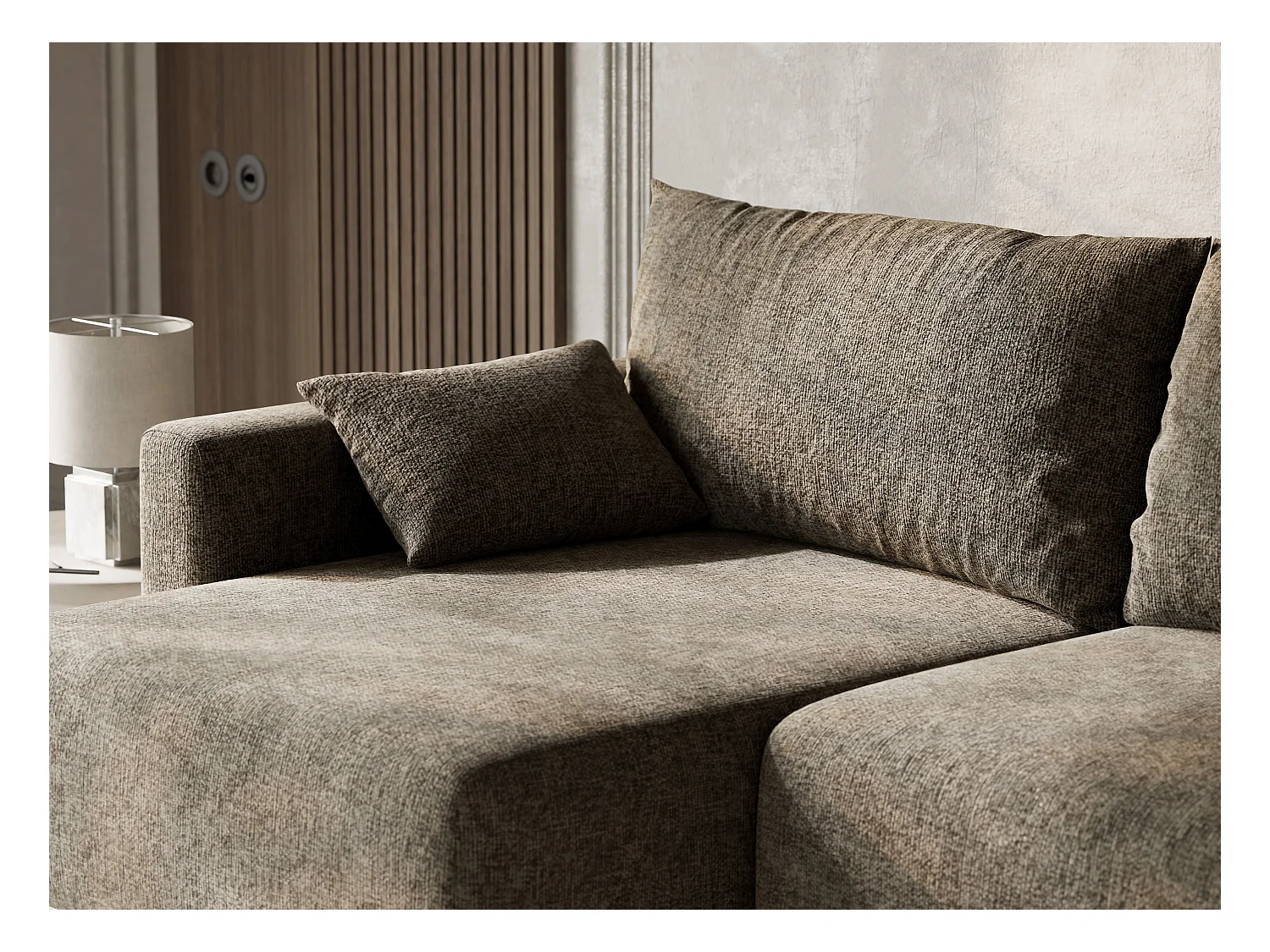 Canapé d'angle gauche avec fonction lit en tissu chenille taupe LEON