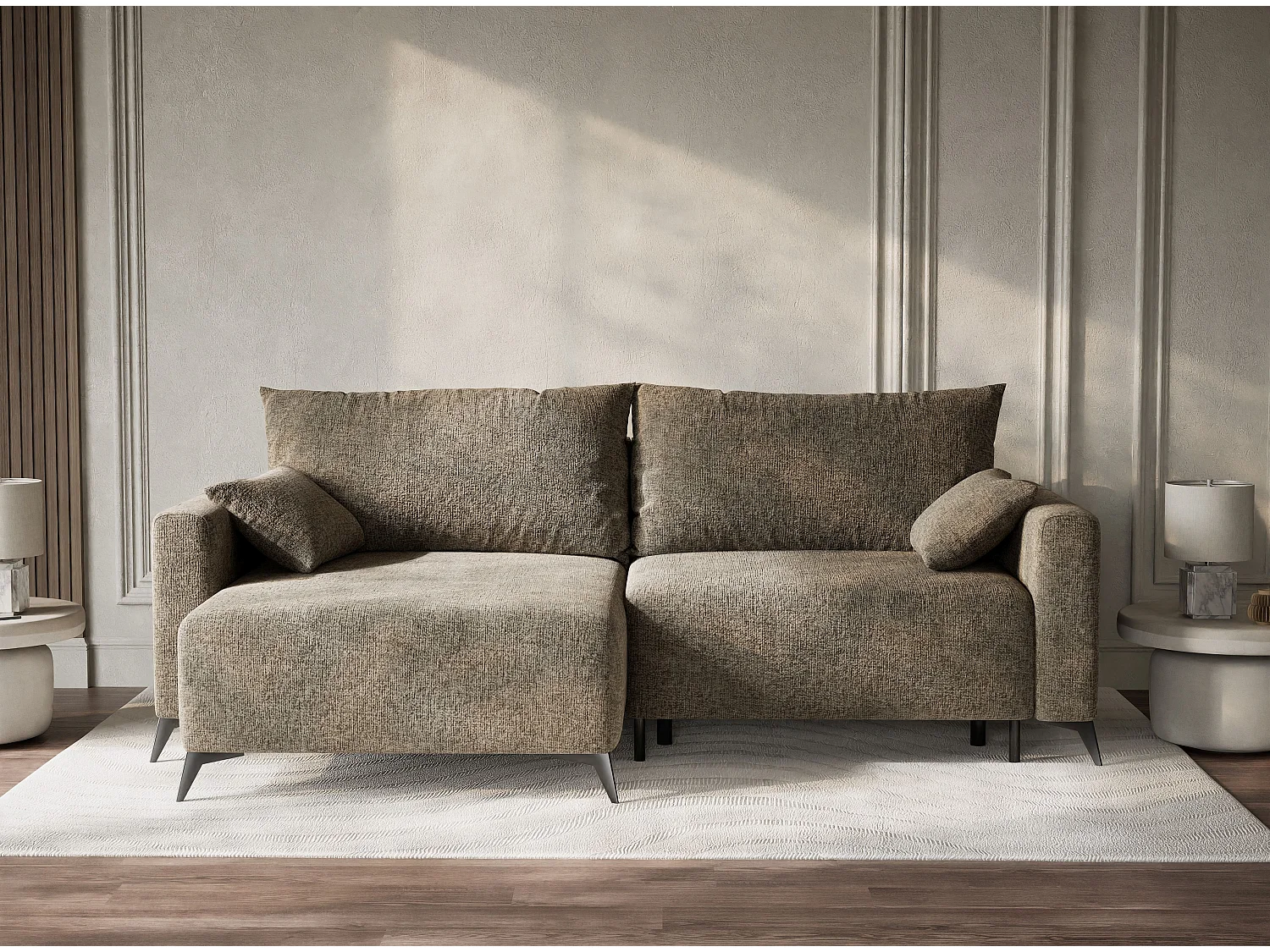 Canapé d'angle gauche avec fonction lit en tissu chenille taupe LEON