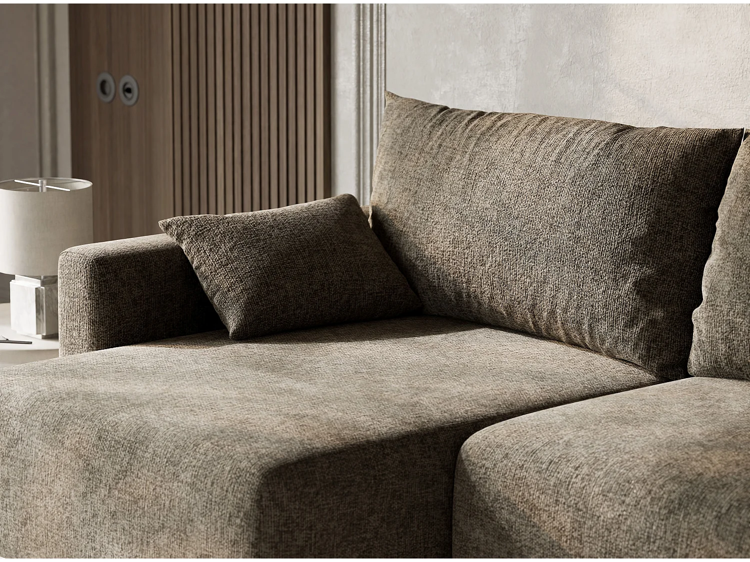 Canapé d'angle gauche avec fonction lit en tissu chenille taupe LEON