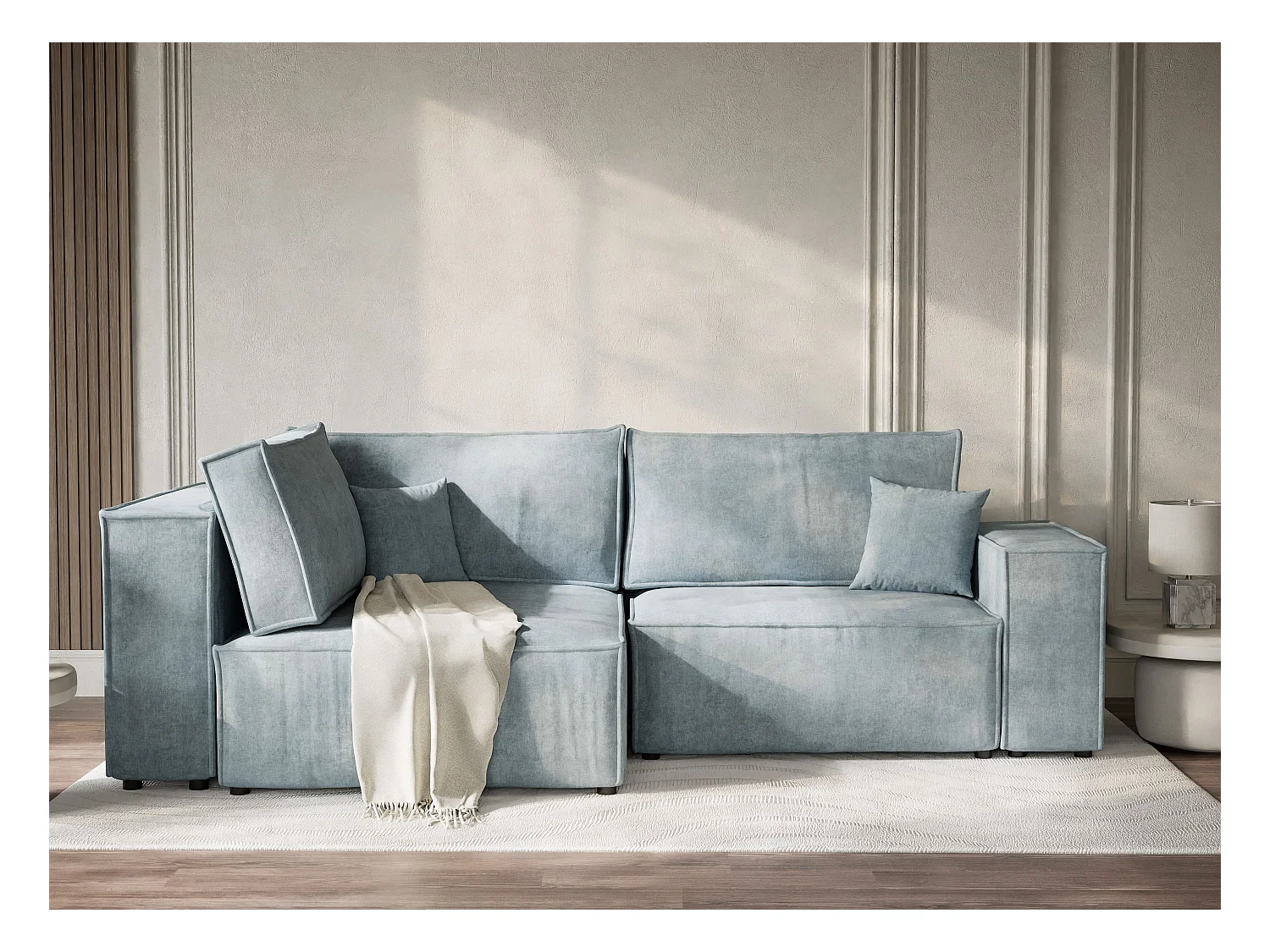 Canapé d'angle gauche avec fonction lit en tissu chenille bleu clair TONGA