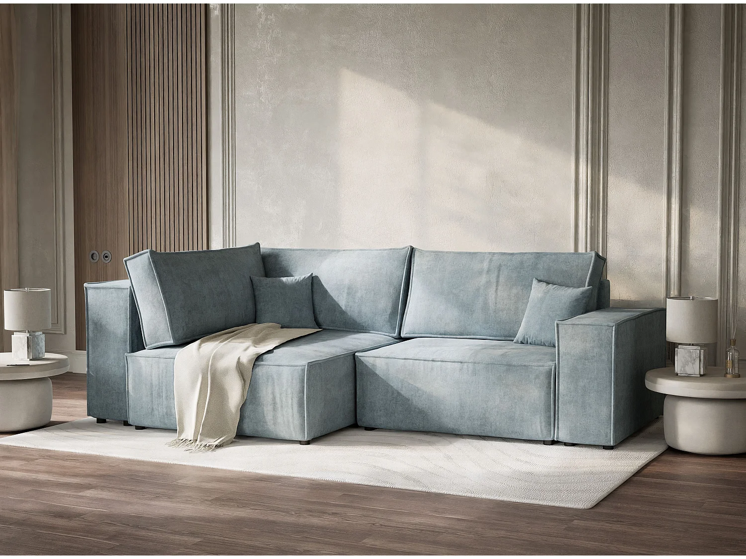 Canapé d'angle gauche avec fonction lit en tissu chenille bleu clair TONGA