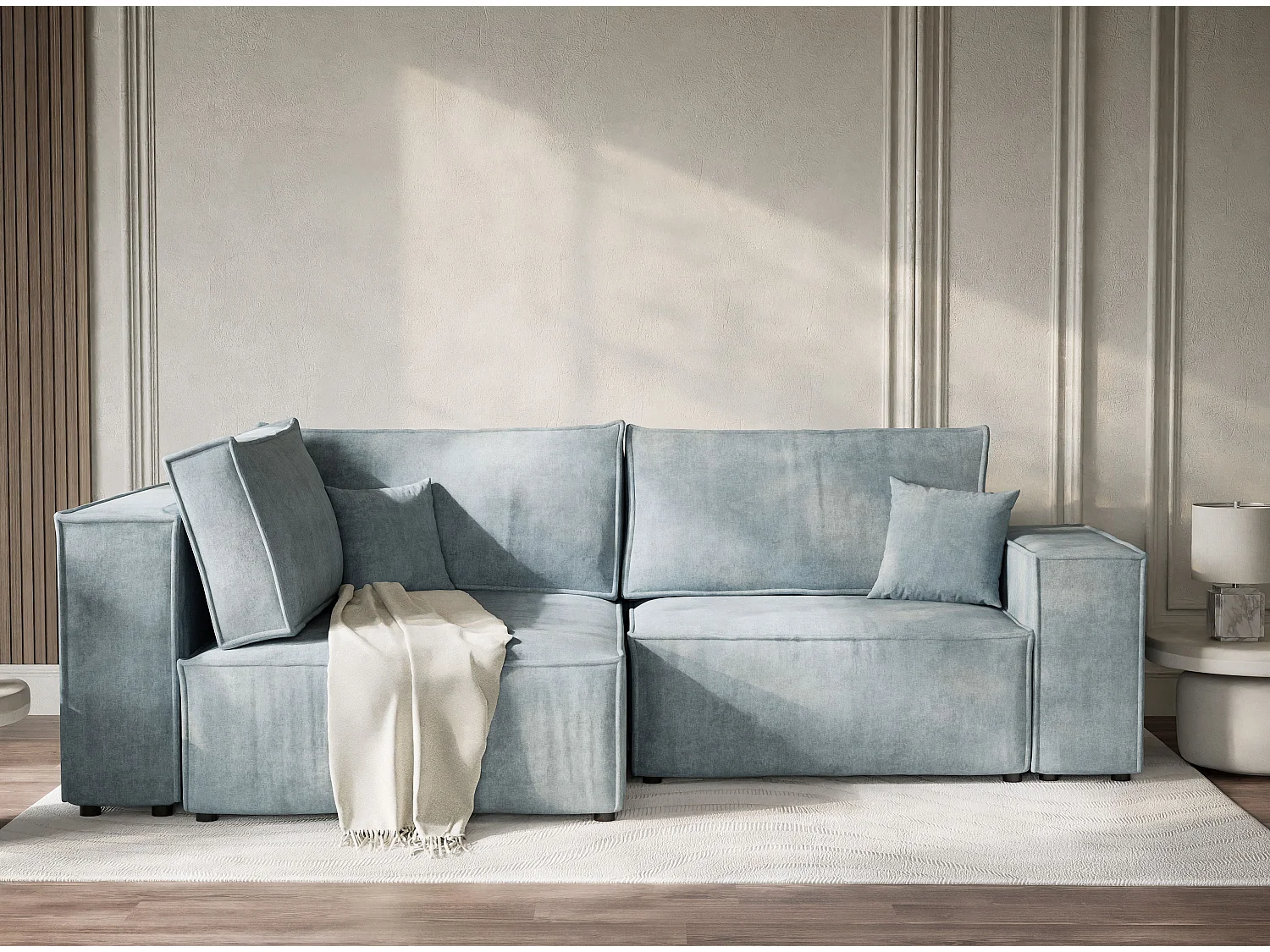 Canapé d'angle gauche avec fonction lit en tissu chenille bleu clair TONGA