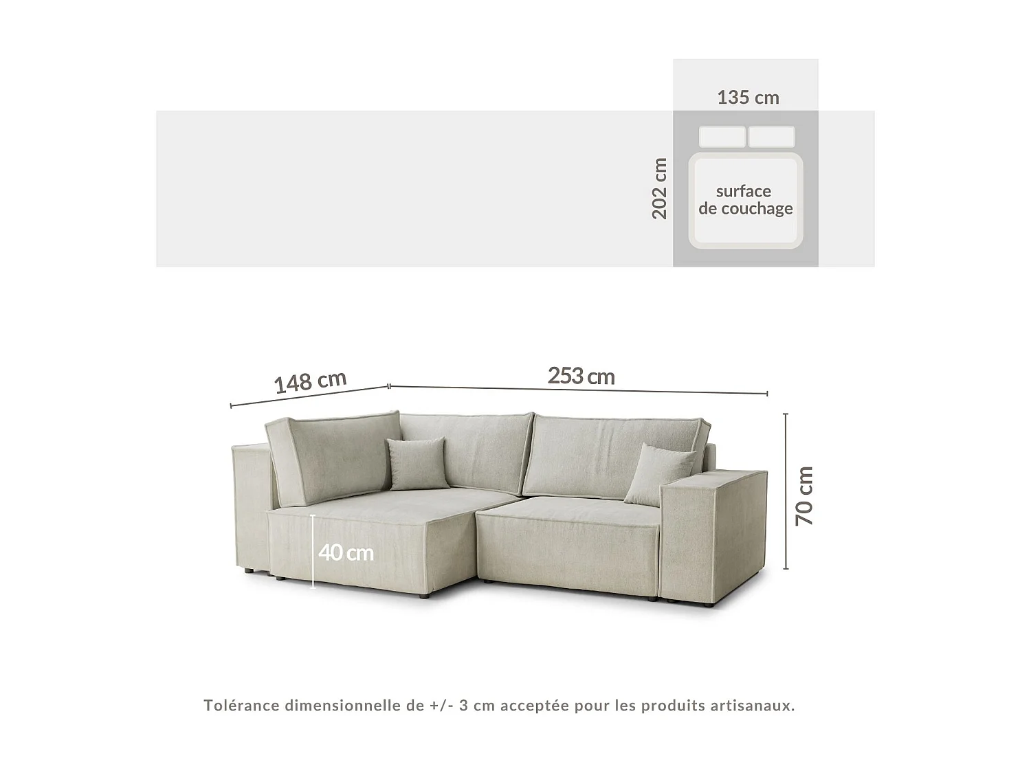 Canapé d'angle gauche avec fonction lit en tissu chenille bleu clair TONGA