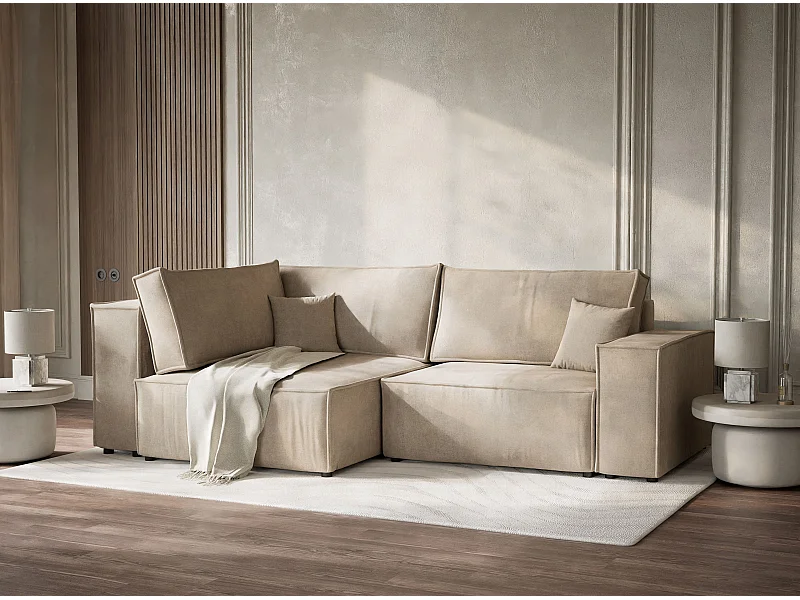 Canapé d'angle gauche avec fonction lit en tissu chenille beige TONGA