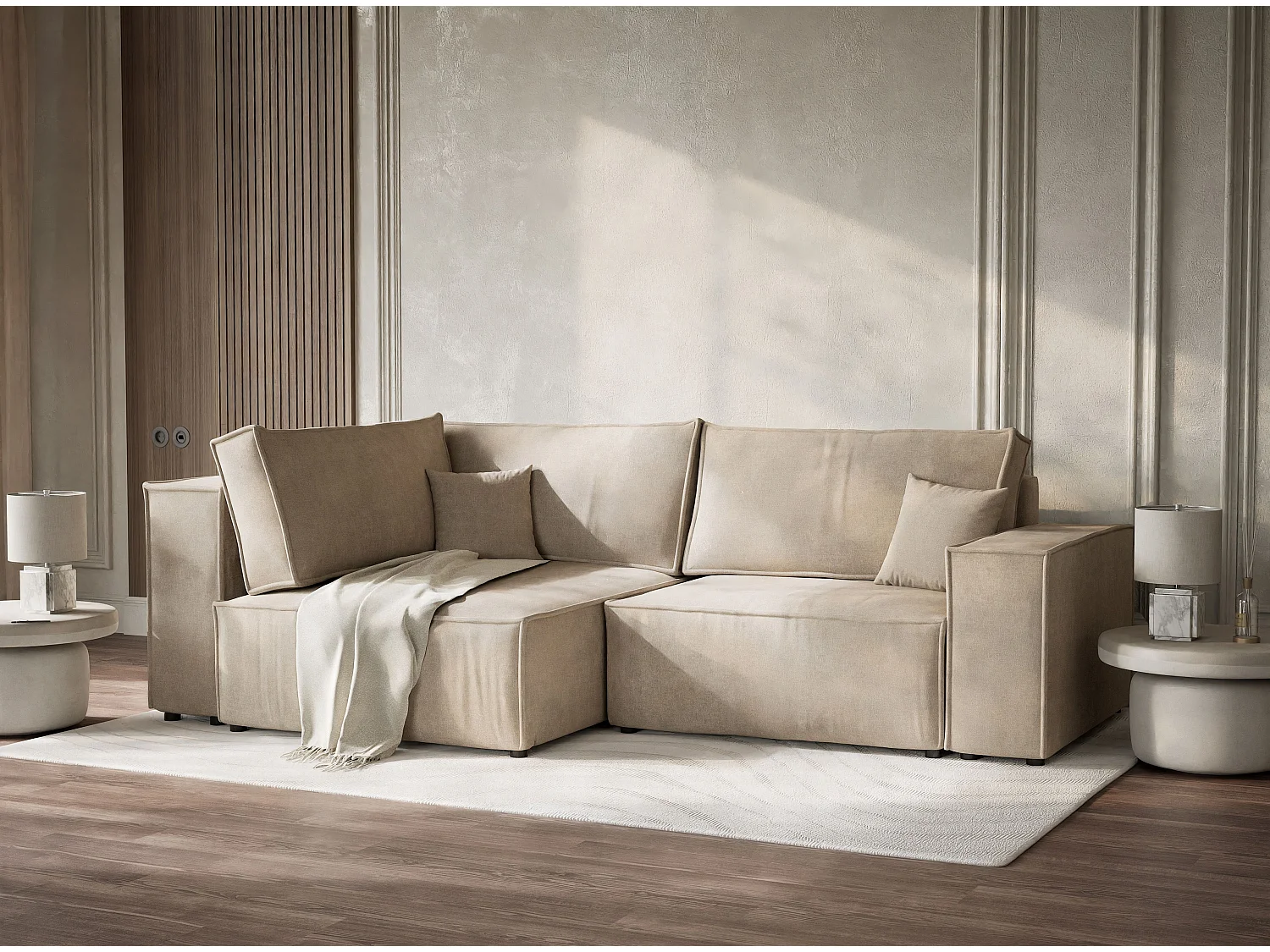 Canapé d'angle gauche avec fonction lit en tissu chenille beige TONGA