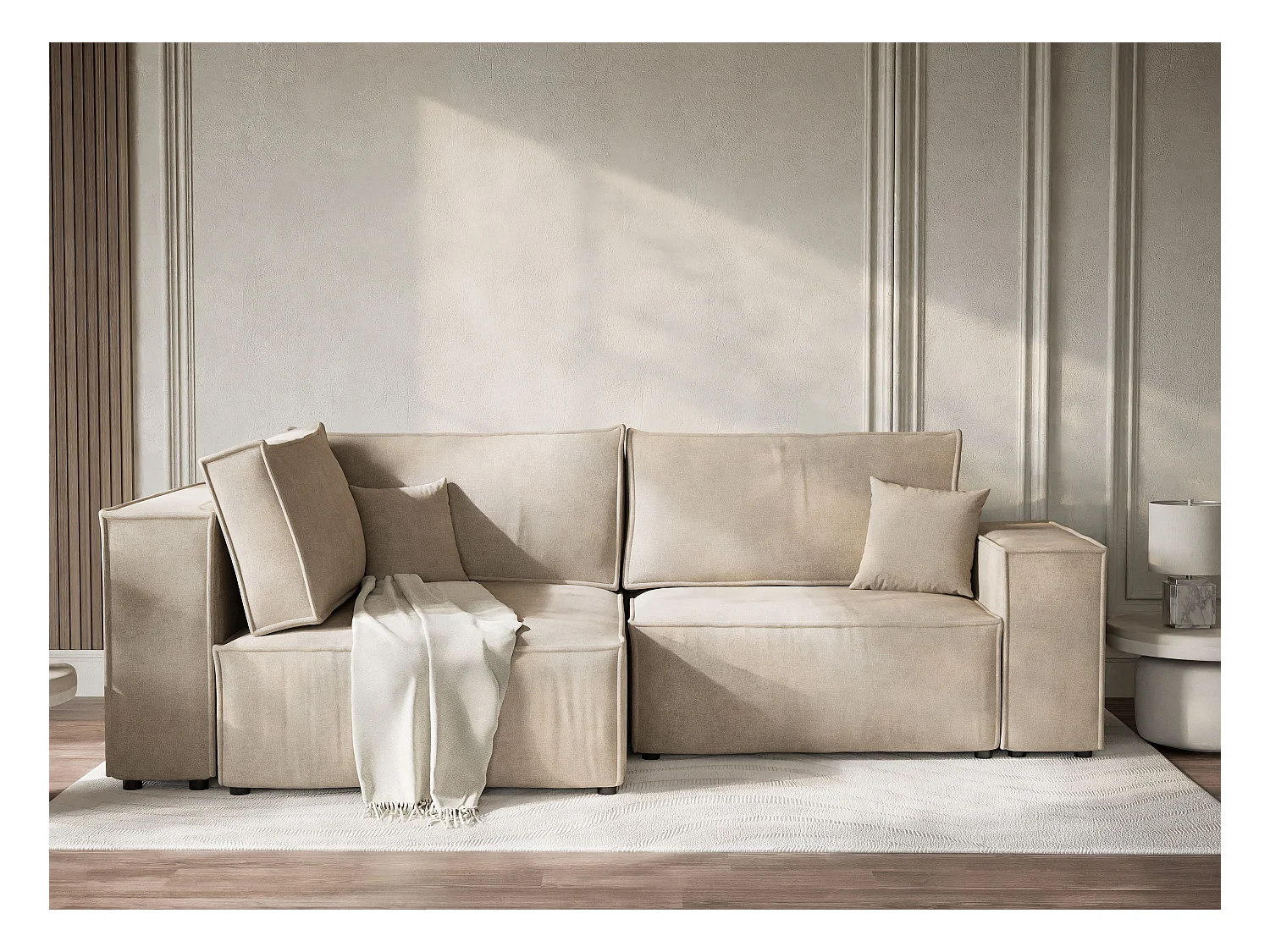 Canapé d'angle gauche avec fonction lit en tissu chenille beige TONGA