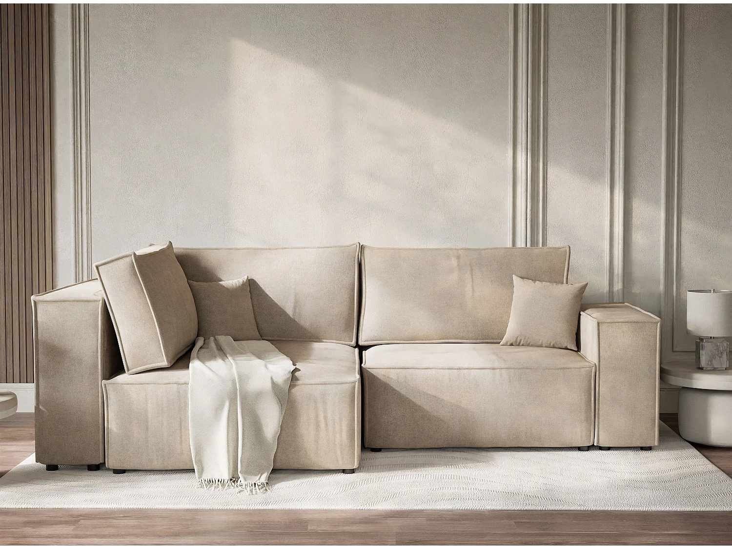 Canapé d'angle gauche avec fonction lit en tissu chenille beige TONGA