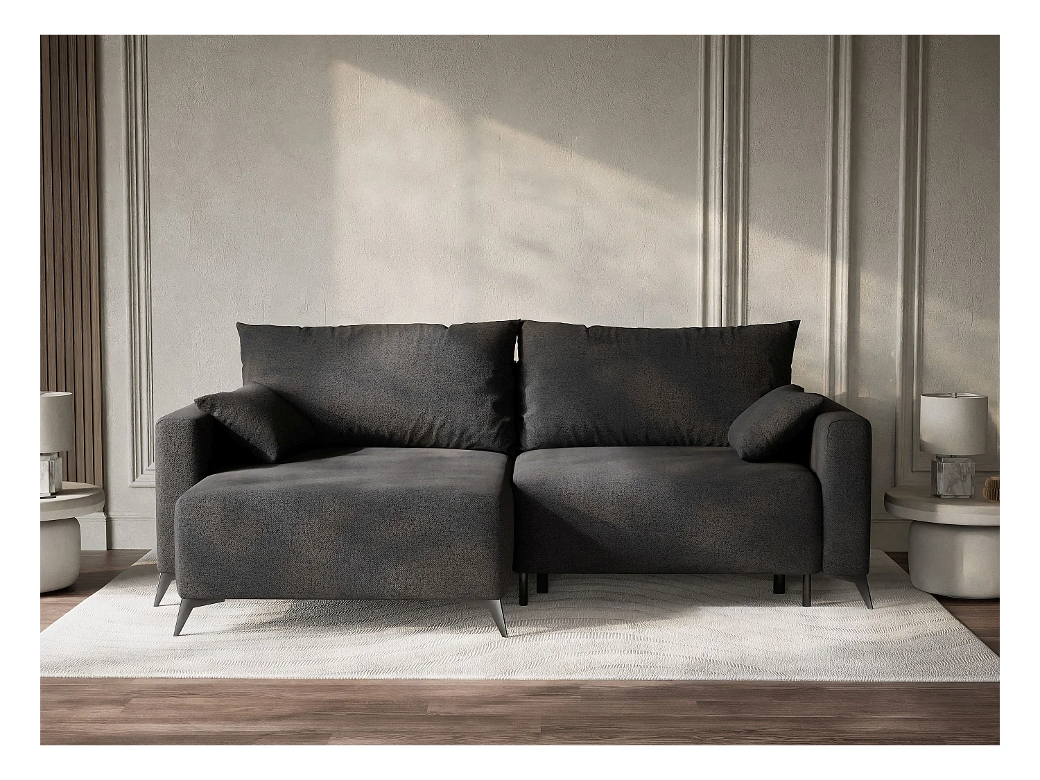 Canapé d'angle gauche avec fonction lit en tissu tressé graphite LEON