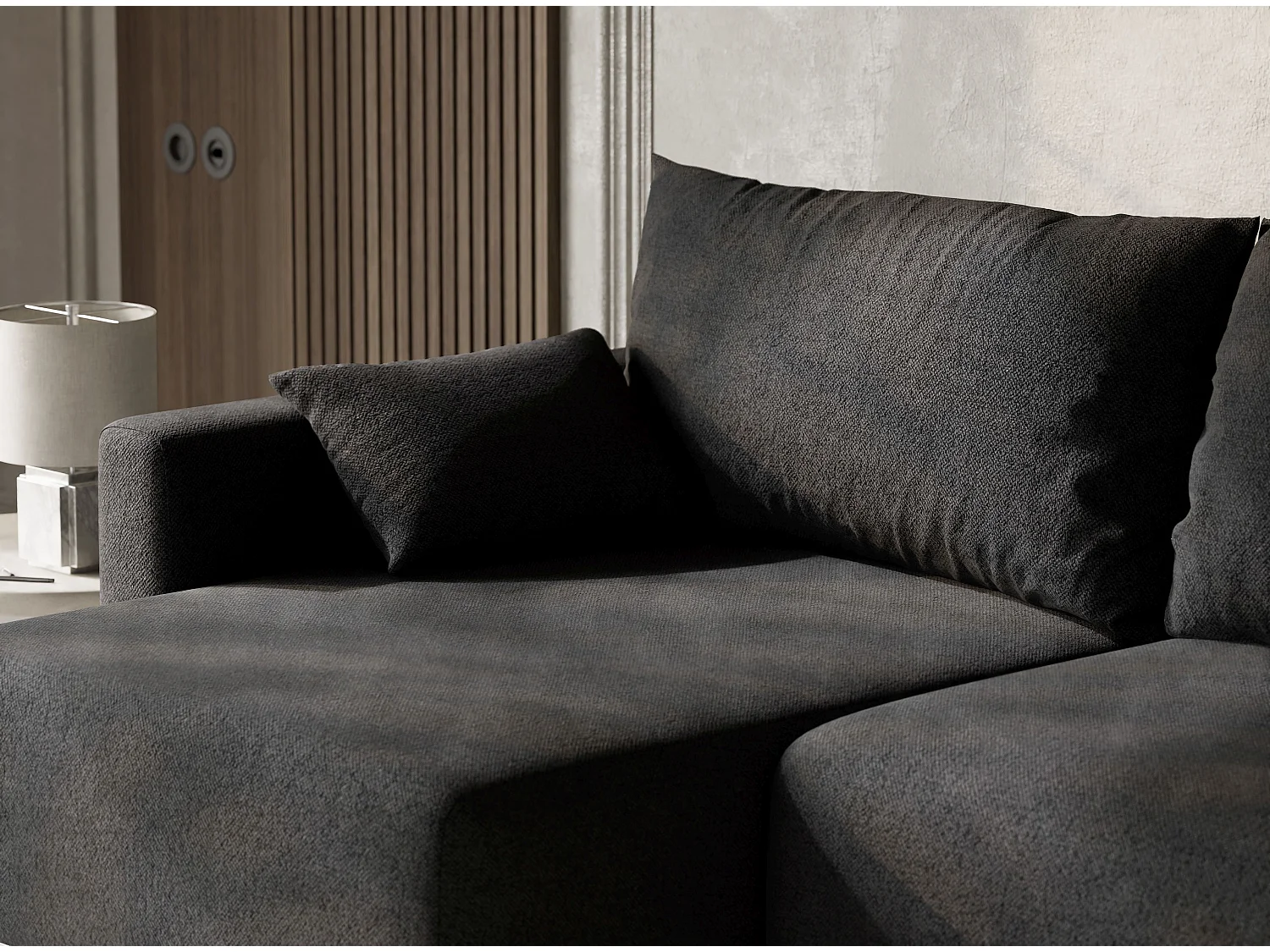 Canapé d'angle gauche avec fonction lit en tissu tressé graphite LEON