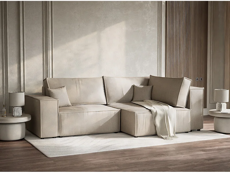 Canapé d'angle droit avec fonction lit en tissu tressé beige TONGA