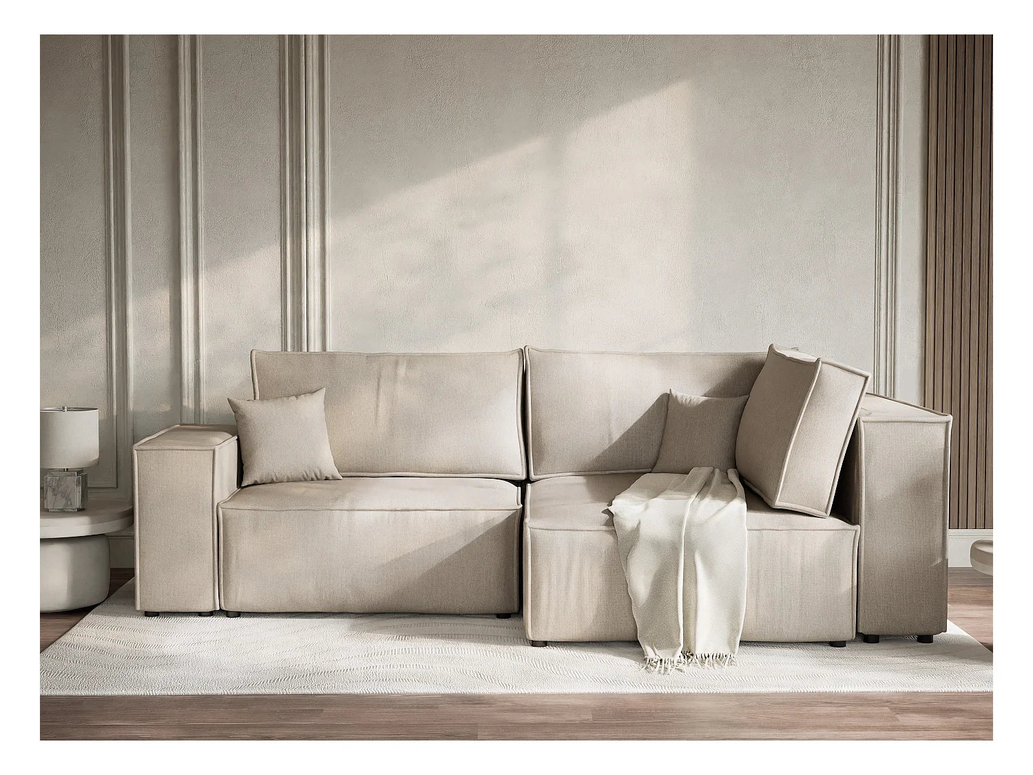 Canapé d'angle droit avec fonction lit en tissu tressé beige TONGA