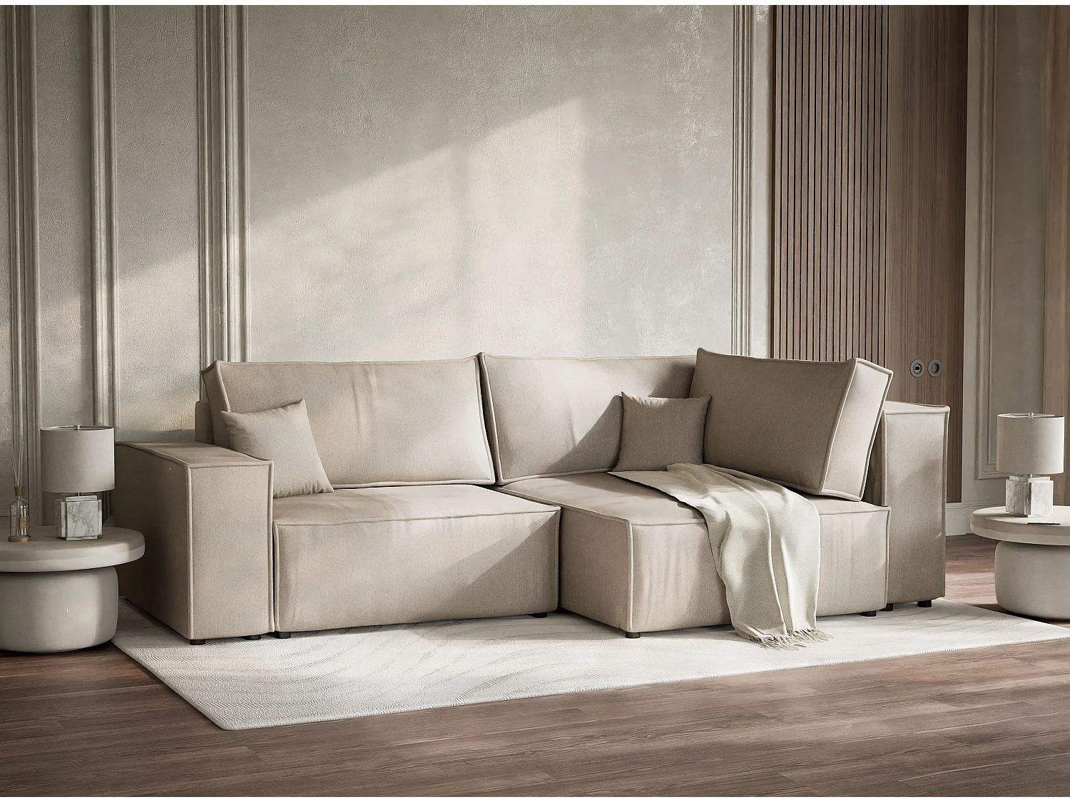 Canapé d'angle droit avec fonction lit en tissu tressé beige TONGA