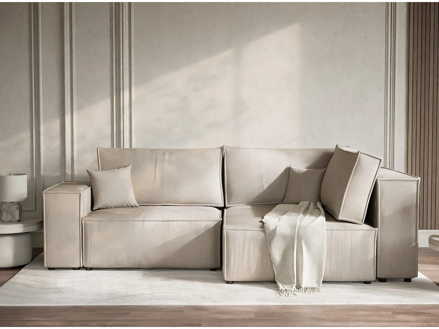 Canapé d'angle droit avec fonction lit en tissu tressé beige TONGA