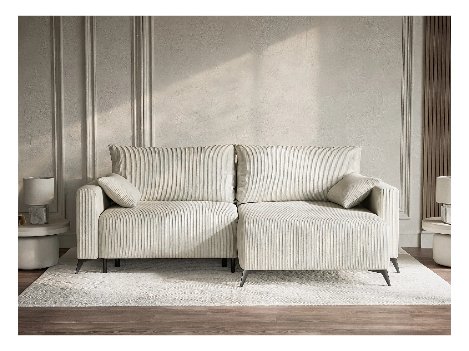 Ecksofa mit Schlaffunktion - Ecke Rechts - 3-Sitzer - Samtstoff - creme - LEON