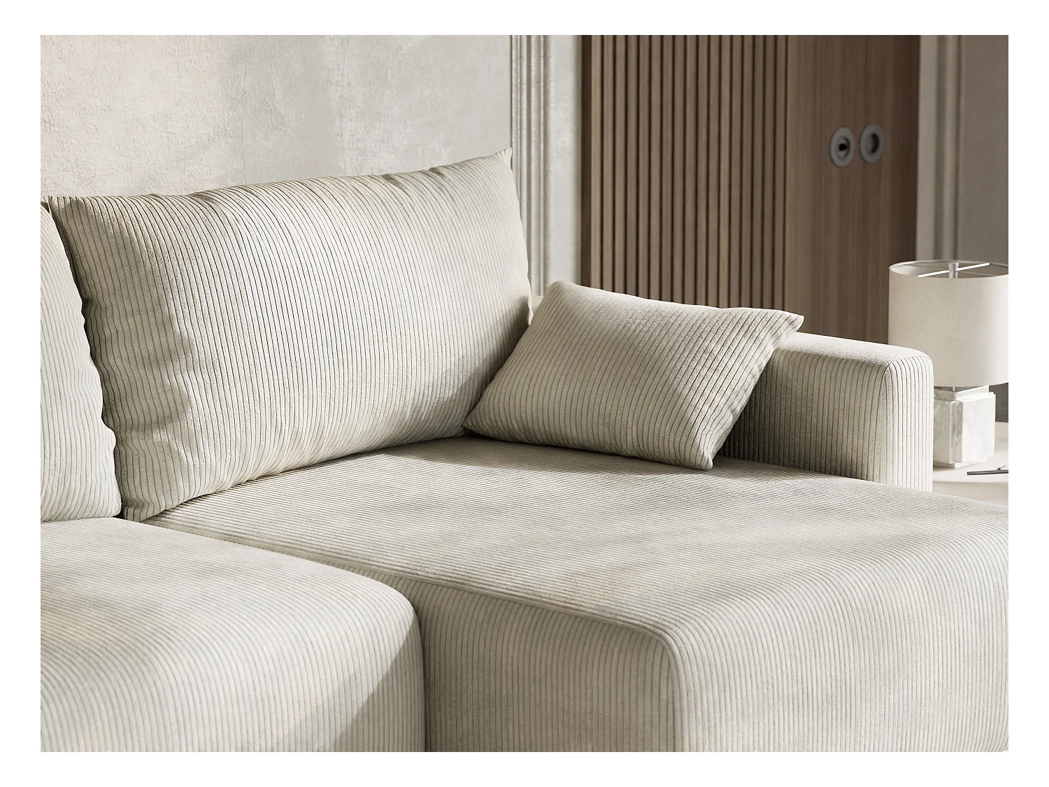 Ecksofa mit Schlaffunktion - Ecke Rechts - 3-Sitzer - Samtstoff - creme - LEON