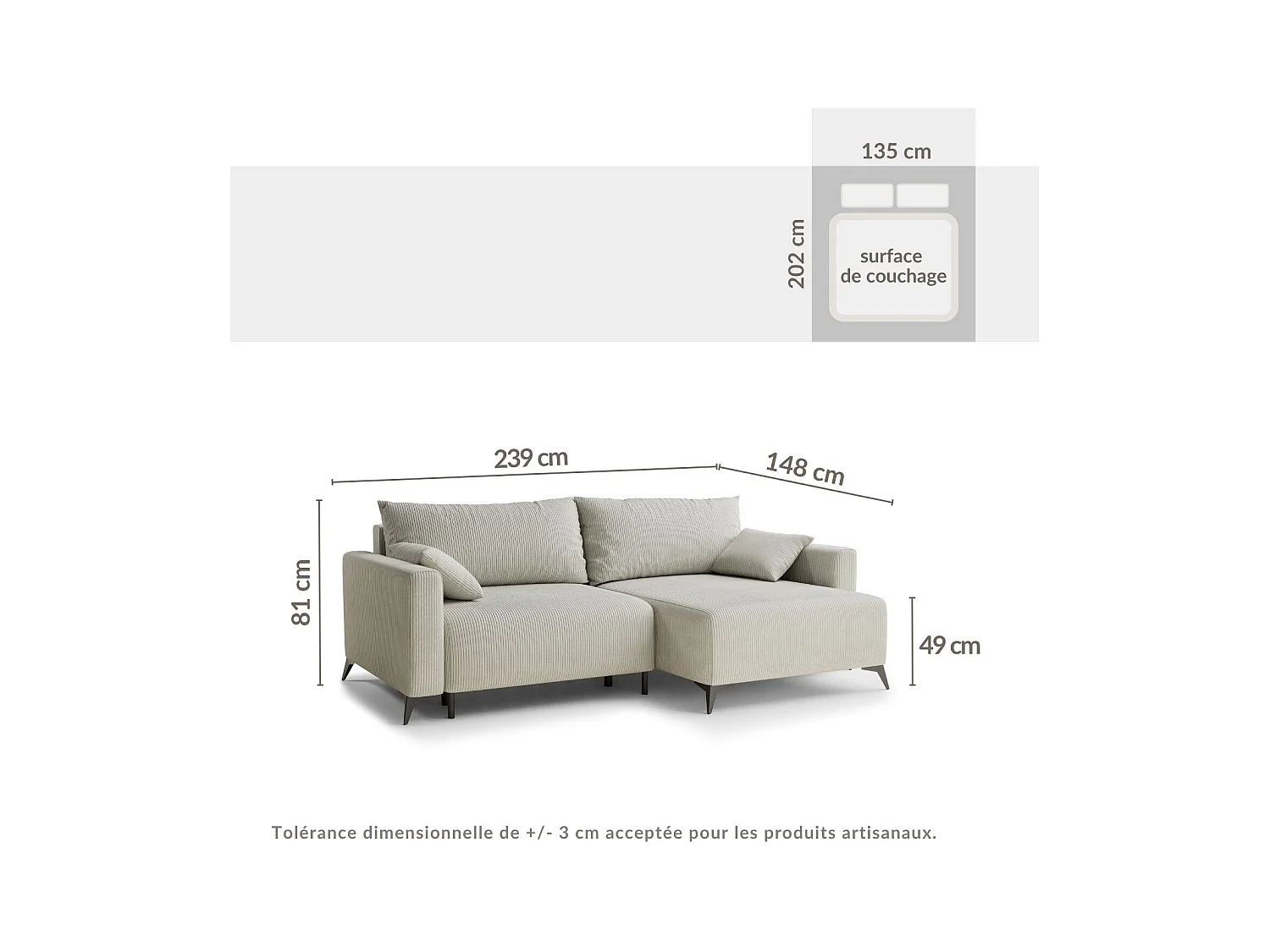 Ecksofa mit Schlaffunktion - Ecke Rechts - 3-Sitzer - Samtstoff - creme - LEON