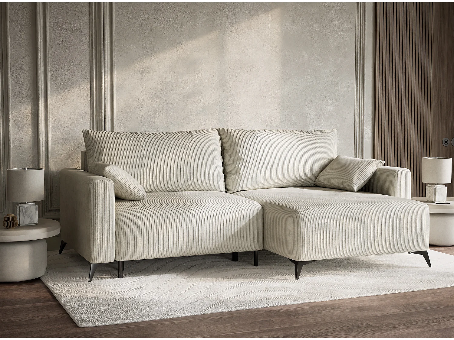 Canapé d'angle droit avec fonction lit en velours creme LEON