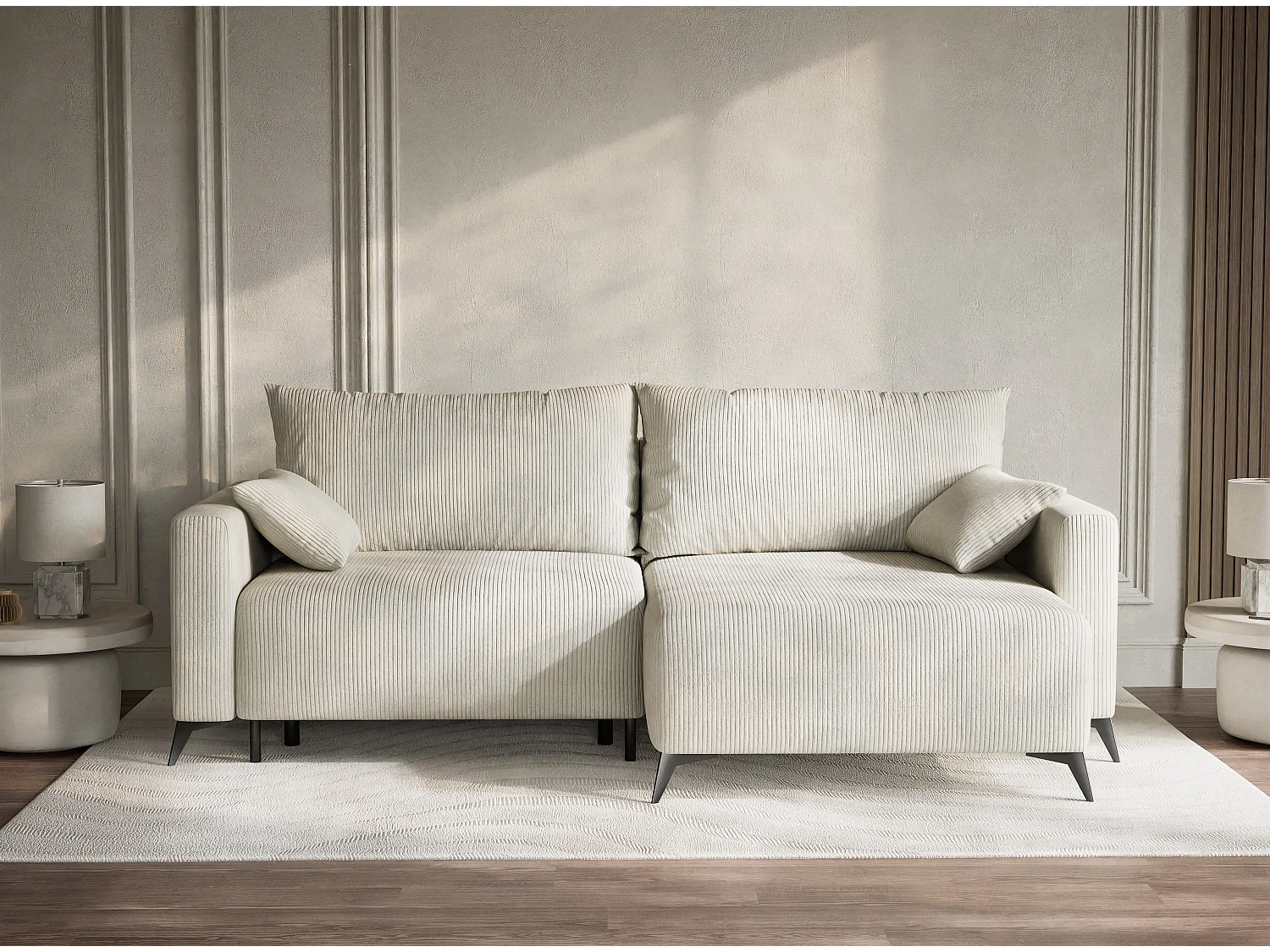 Canapé d'angle droit avec fonction lit en velours creme LEON