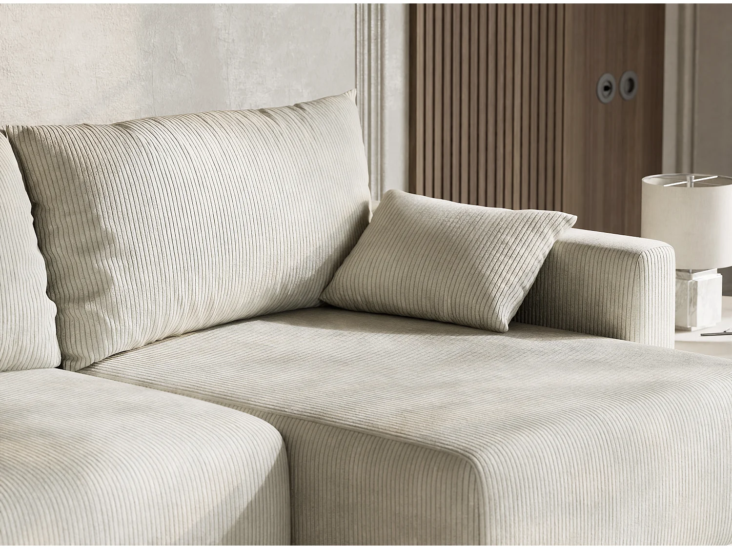 Canapé d'angle droit avec fonction lit en velours creme LEON