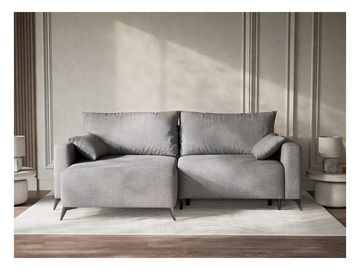 Canapé d'angle gauche avec fonction lit en tissu tressé gris LEON