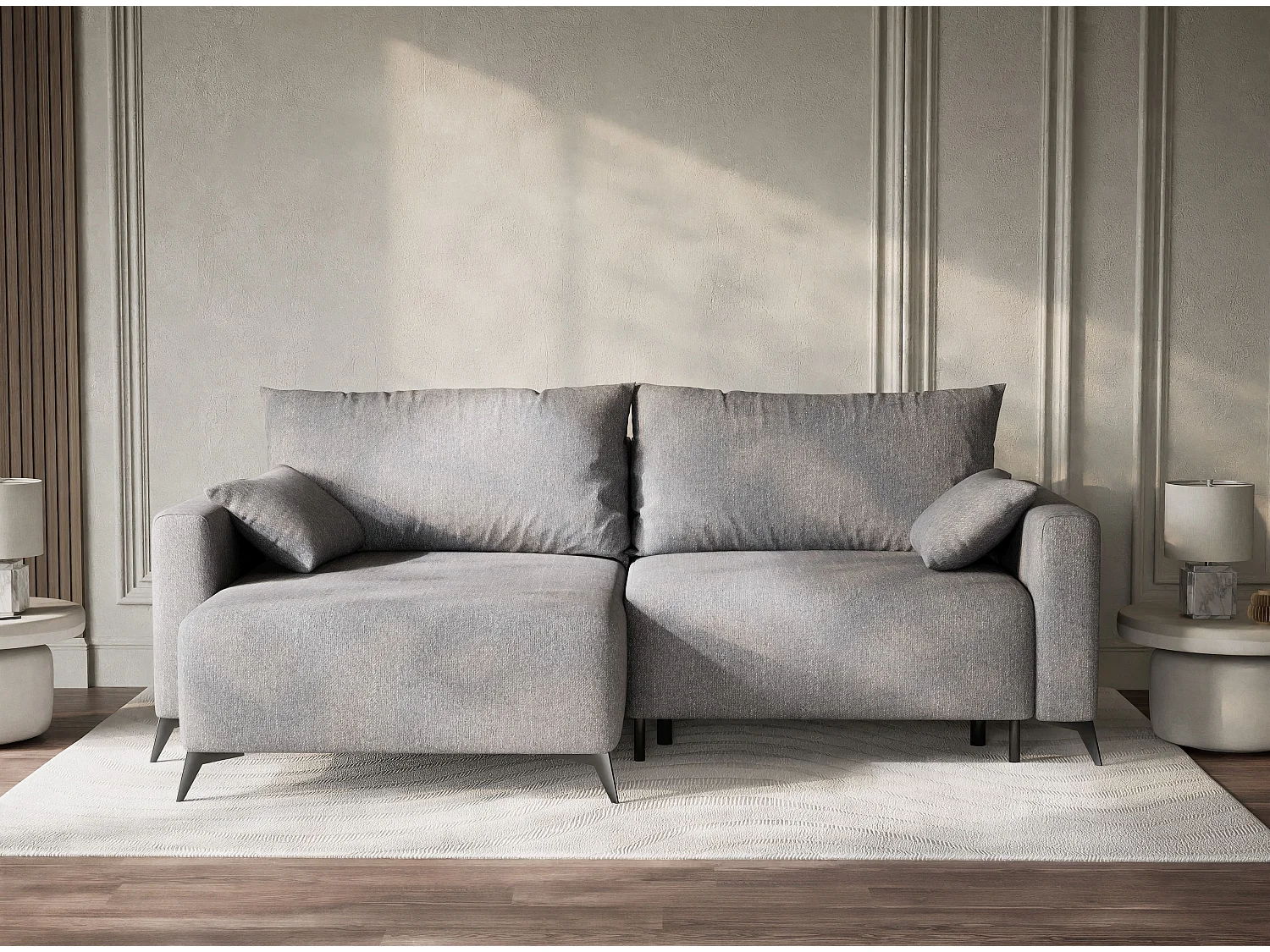 Canapé d'angle gauche avec fonction lit en tissu tressé gris LEON