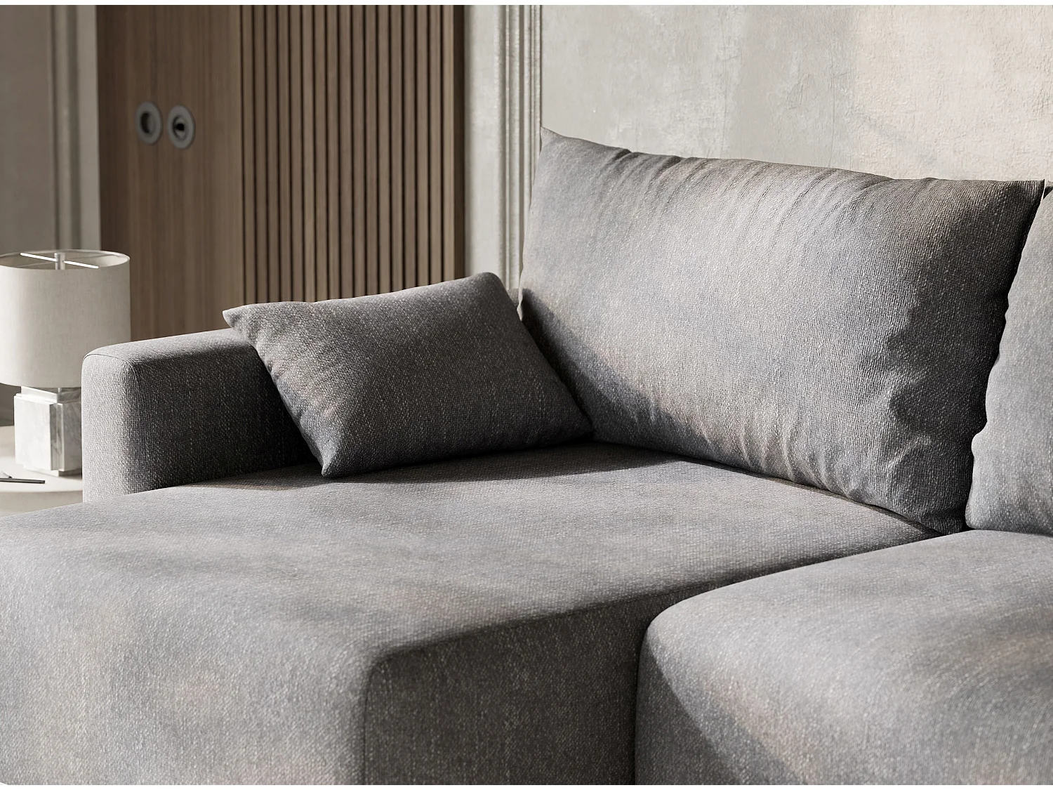 Canapé d'angle gauche avec fonction lit en tissu tressé gris LEON