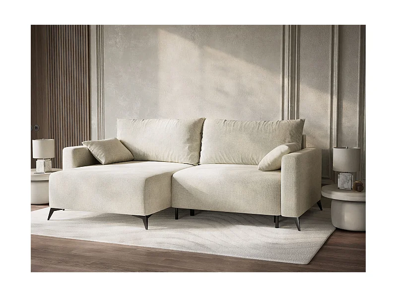 Canapé d'angle gauche avec fonction lit en tissu chenille creme LEON