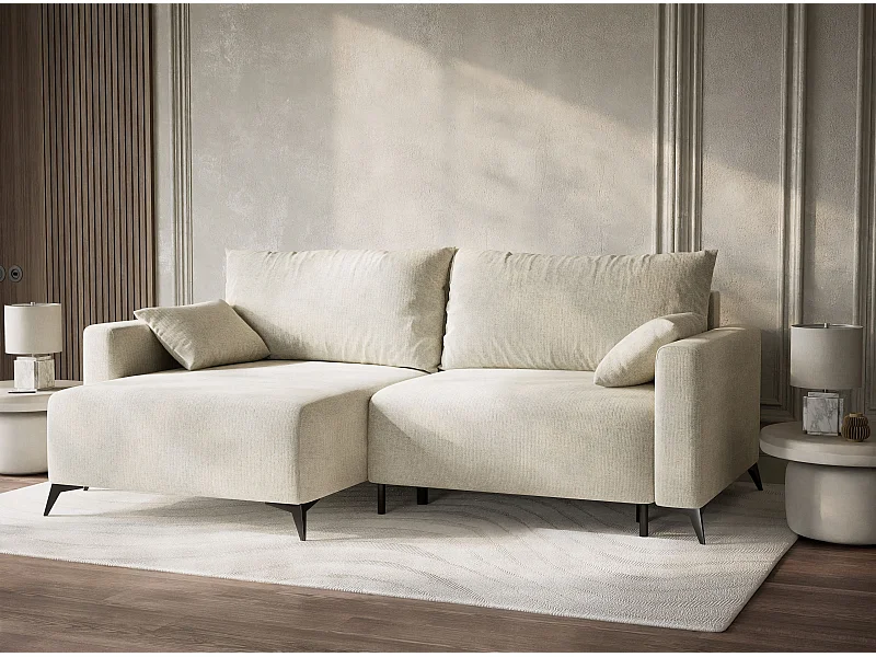 Canapé d'angle gauche avec fonction lit en tissu chenille creme LEON