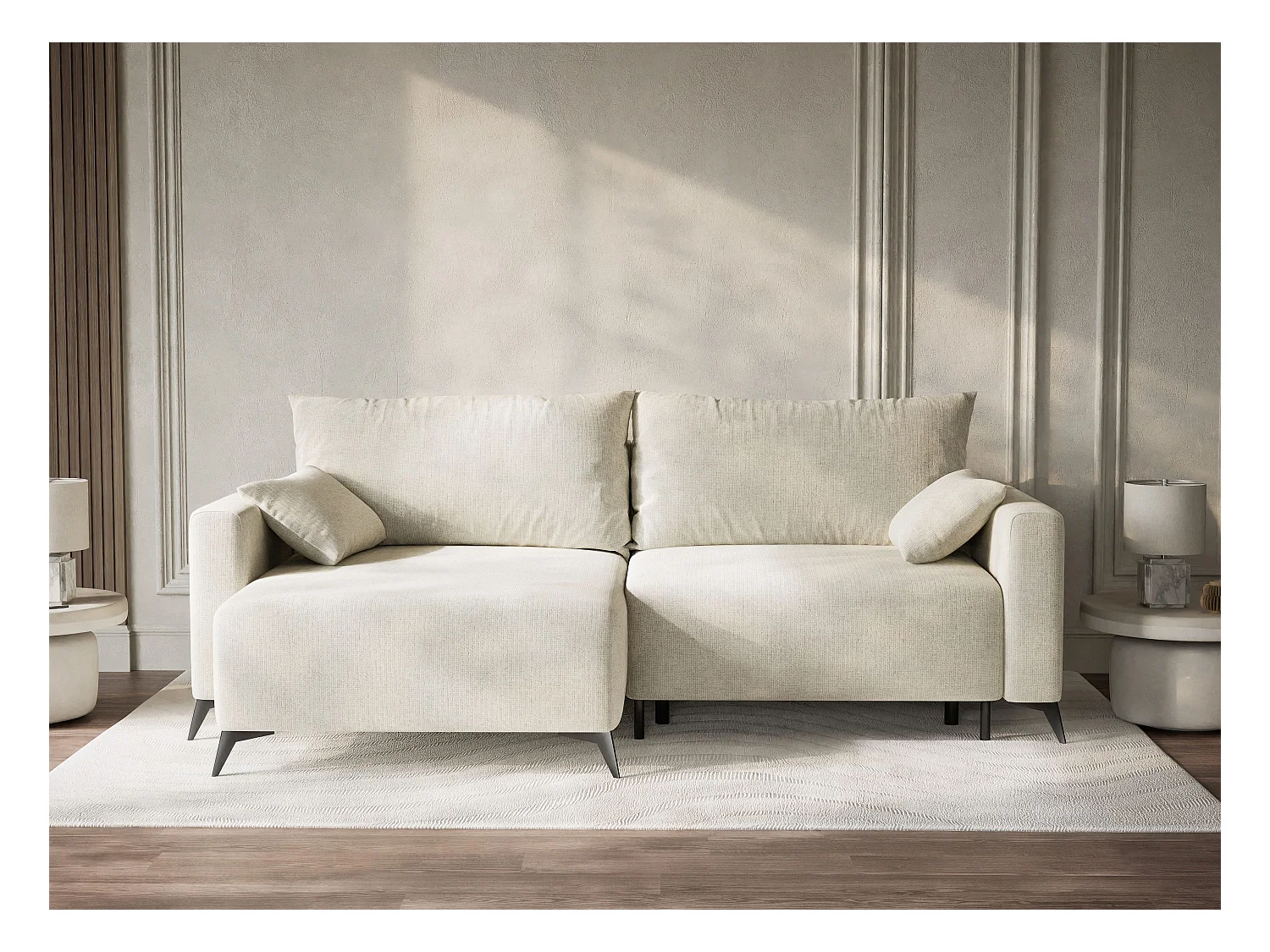 Canapé d'angle gauche avec fonction lit en tissu chenille creme LEON