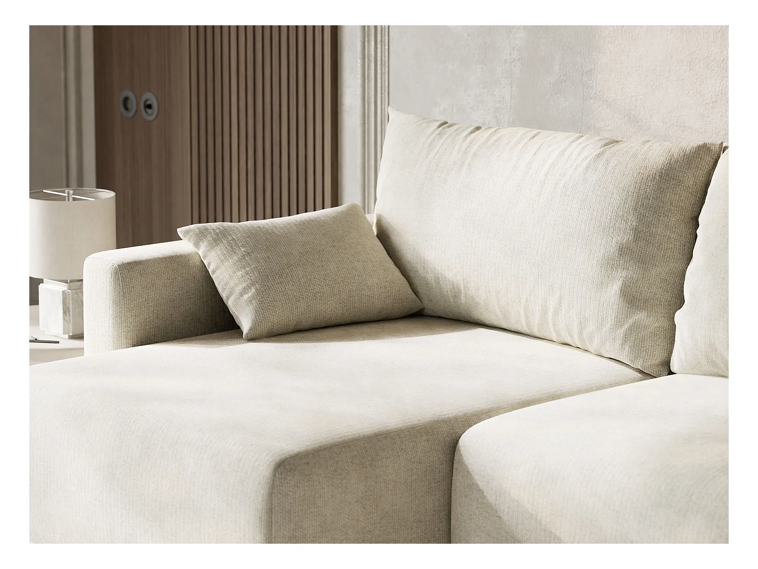 Canapé d'angle gauche avec fonction lit en tissu chenille creme LEON