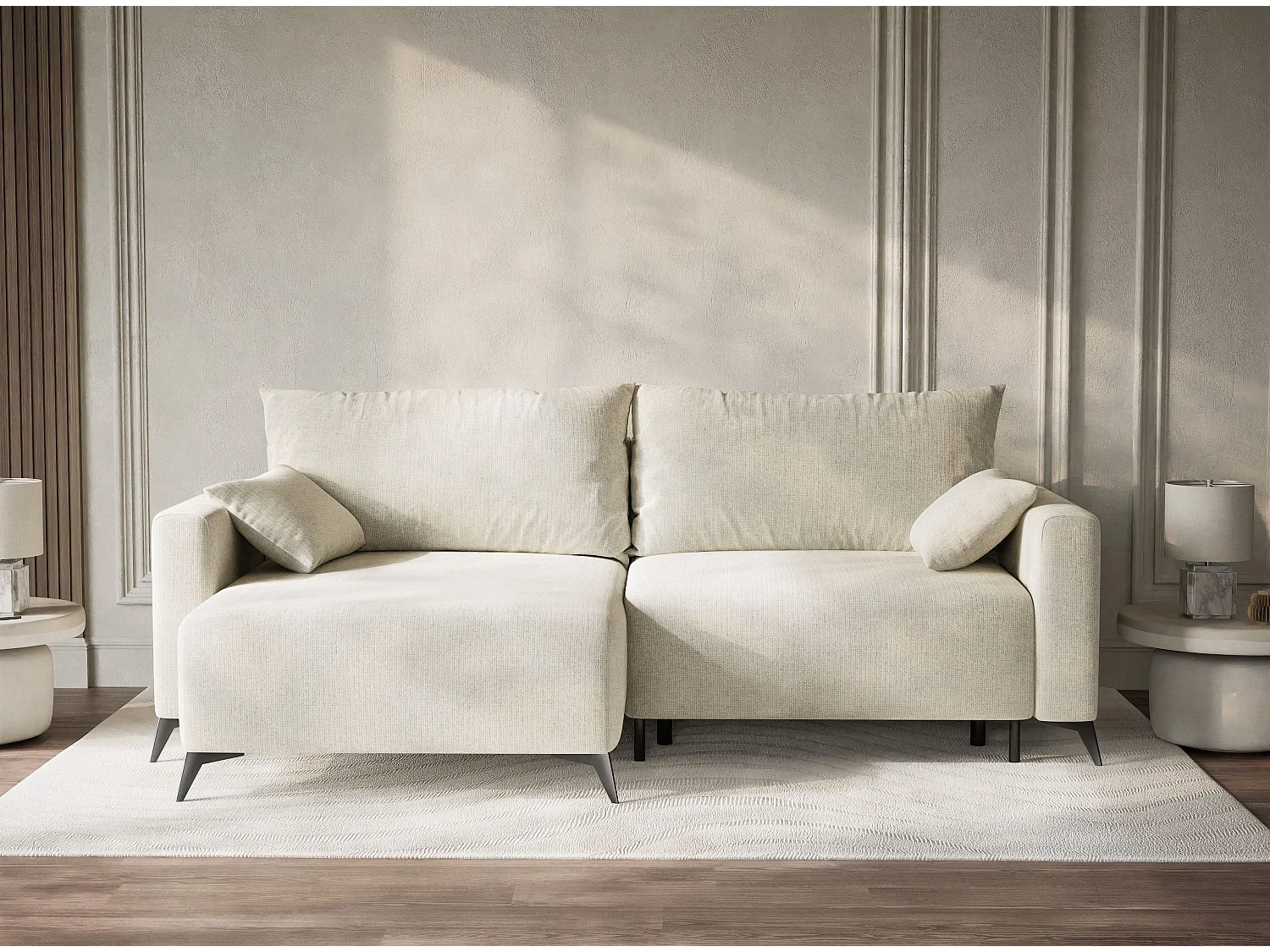 Canapé d'angle gauche avec fonction lit en tissu chenille creme LEON