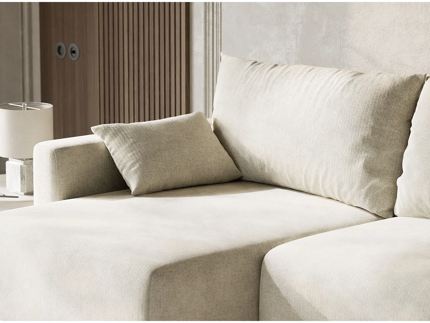 Canapé d'angle gauche avec fonction lit en tissu chenille creme LEON