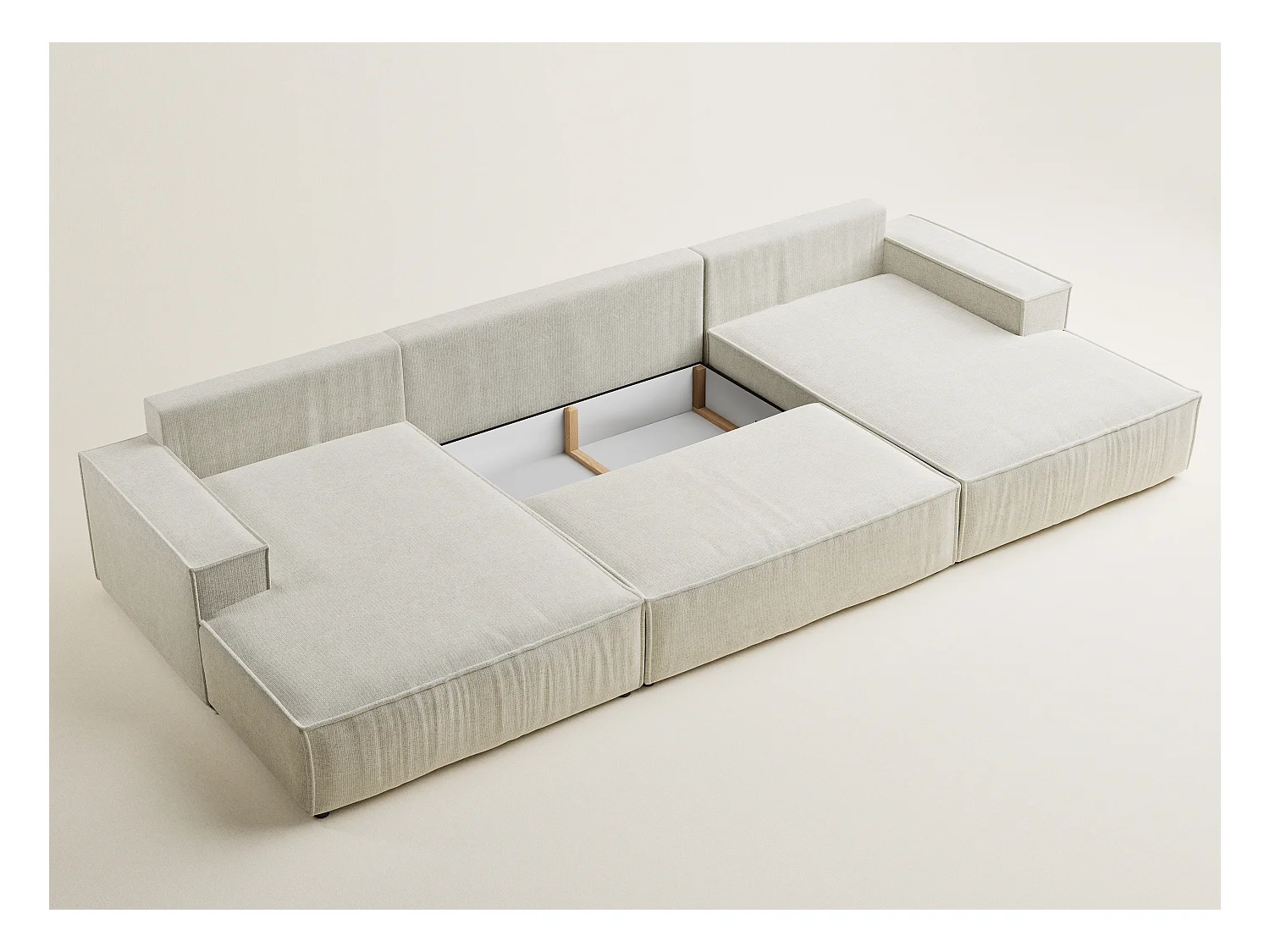 Canapé d'angle panoramique avec fonction lit en tissu chenille creme KYOTO