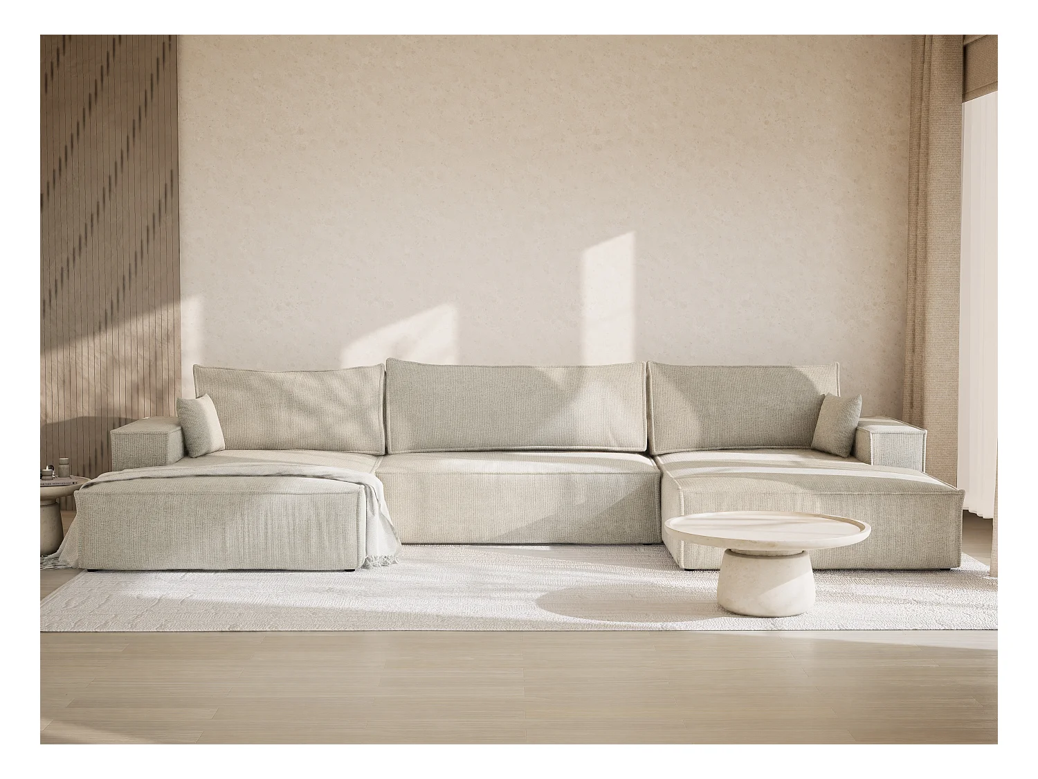 Canapé d'angle panoramique avec fonction lit en tissu chenille creme KYOTO