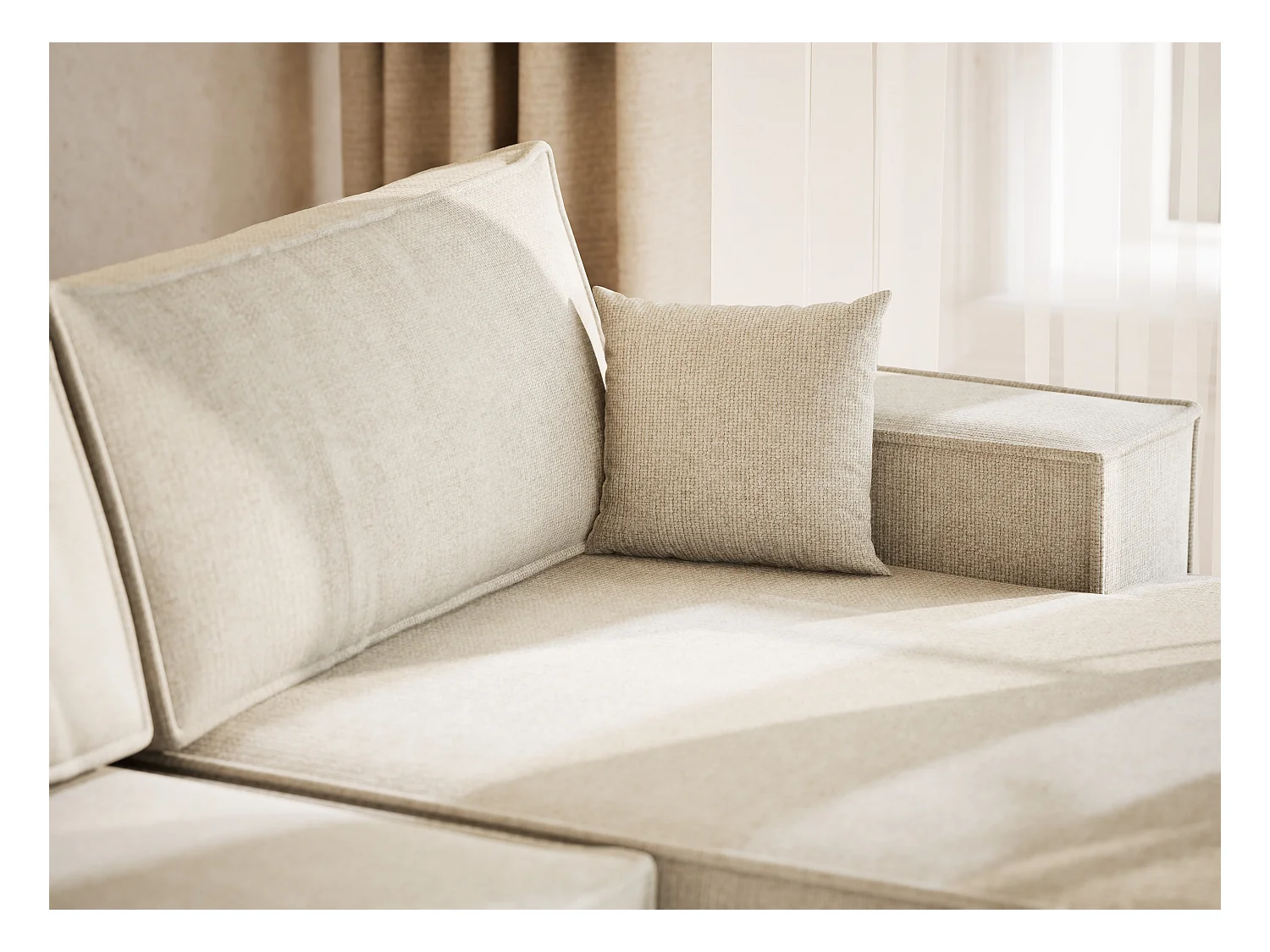 Canapé d'angle panoramique avec fonction lit en tissu chenille creme KYOTO