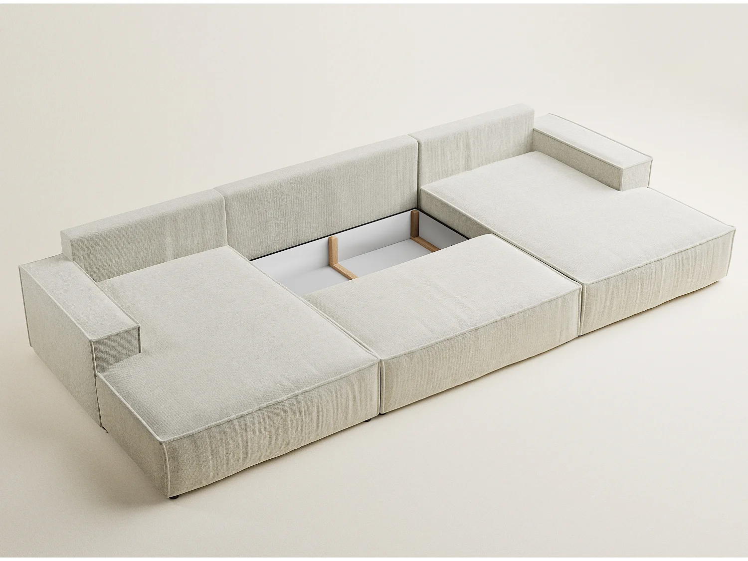 Canapé d'angle panoramique avec fonction lit en tissu chenille creme KYOTO