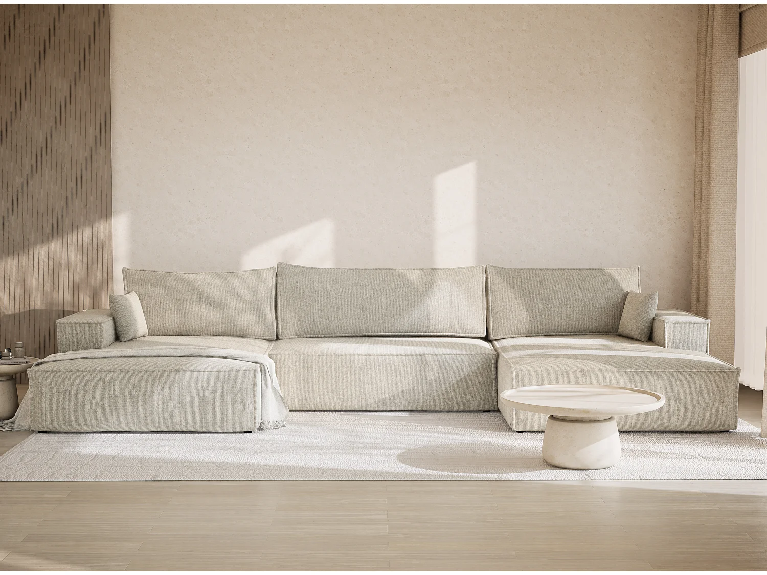 Canapé d'angle panoramique avec fonction lit en tissu chenille creme KYOTO