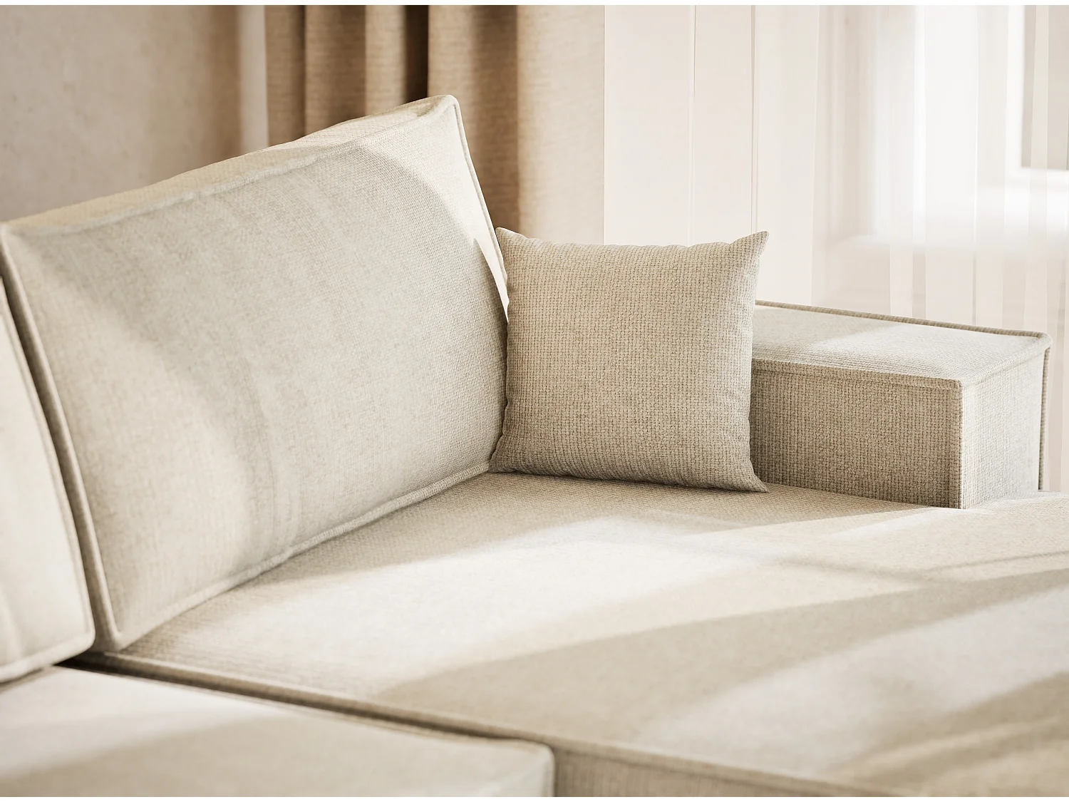 Canapé d'angle panoramique avec fonction lit en tissu chenille creme KYOTO