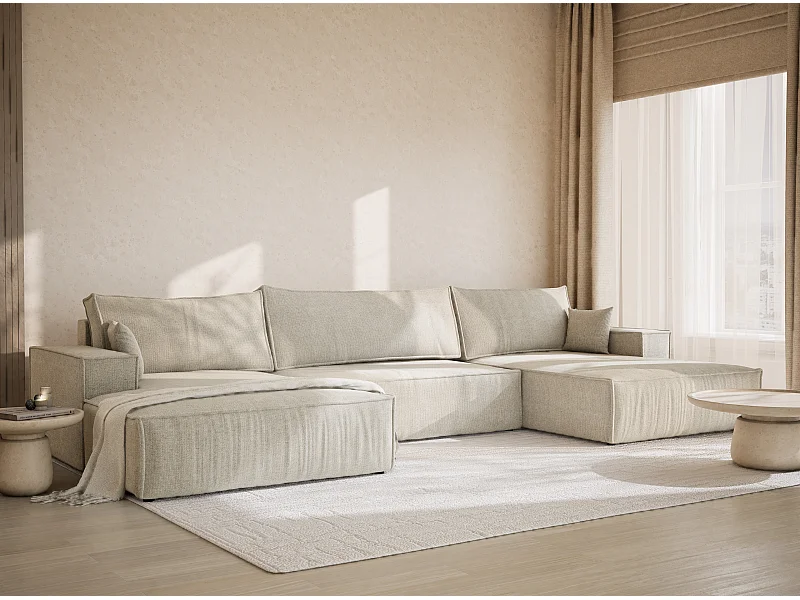 Panorama-Ecksofa mit Schlaffunktion - aus Chenille-Stoff - creme  - KYOTO