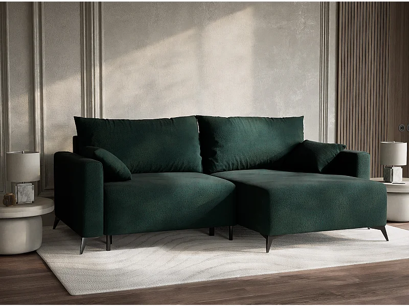 Canapé d'angle droit avec fonction lit en tissu tressé vert foncé LEON