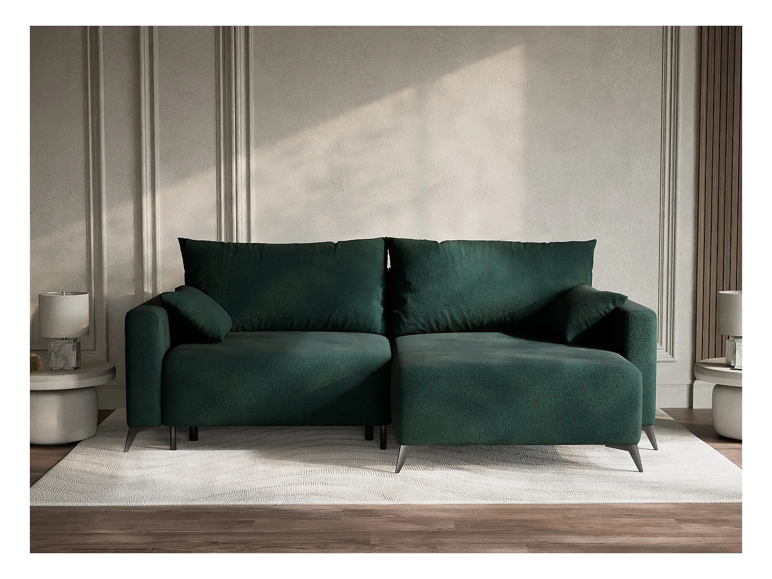 Canapé d'angle droit avec fonction lit en tissu tressé vert foncé LEON