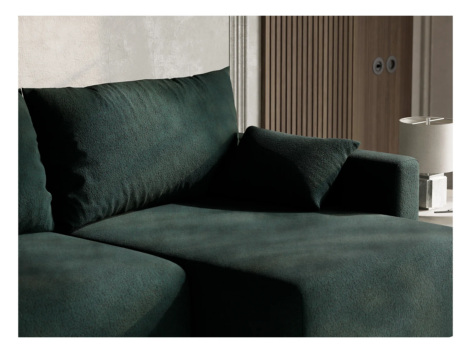 Canapé d'angle droit avec fonction lit en tissu tressé vert foncé LEON