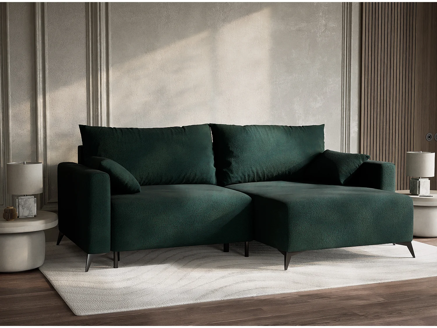 Canapé d'angle droit avec fonction lit en tissu tressé vert foncé LEON