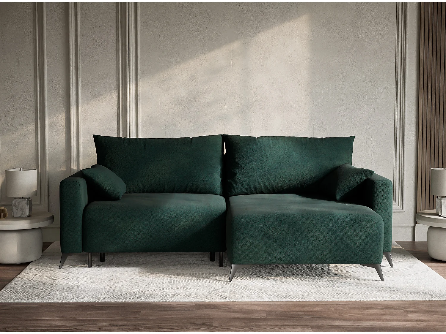 Canapé d'angle droit avec fonction lit en tissu tressé vert foncé LEON