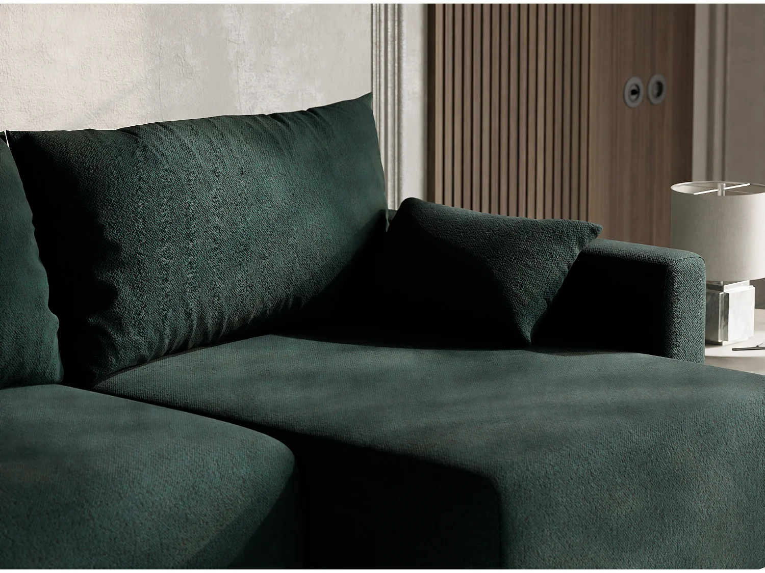 Canapé d'angle droit avec fonction lit en tissu tressé vert foncé LEON