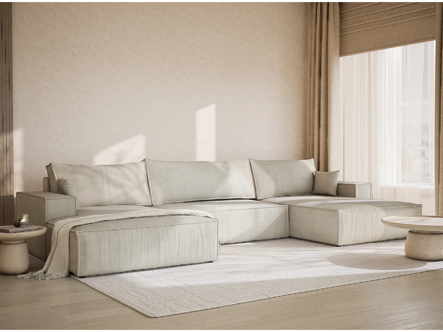 Canapé d'angle panoramique avec fonction lit en velours creme KYOTO