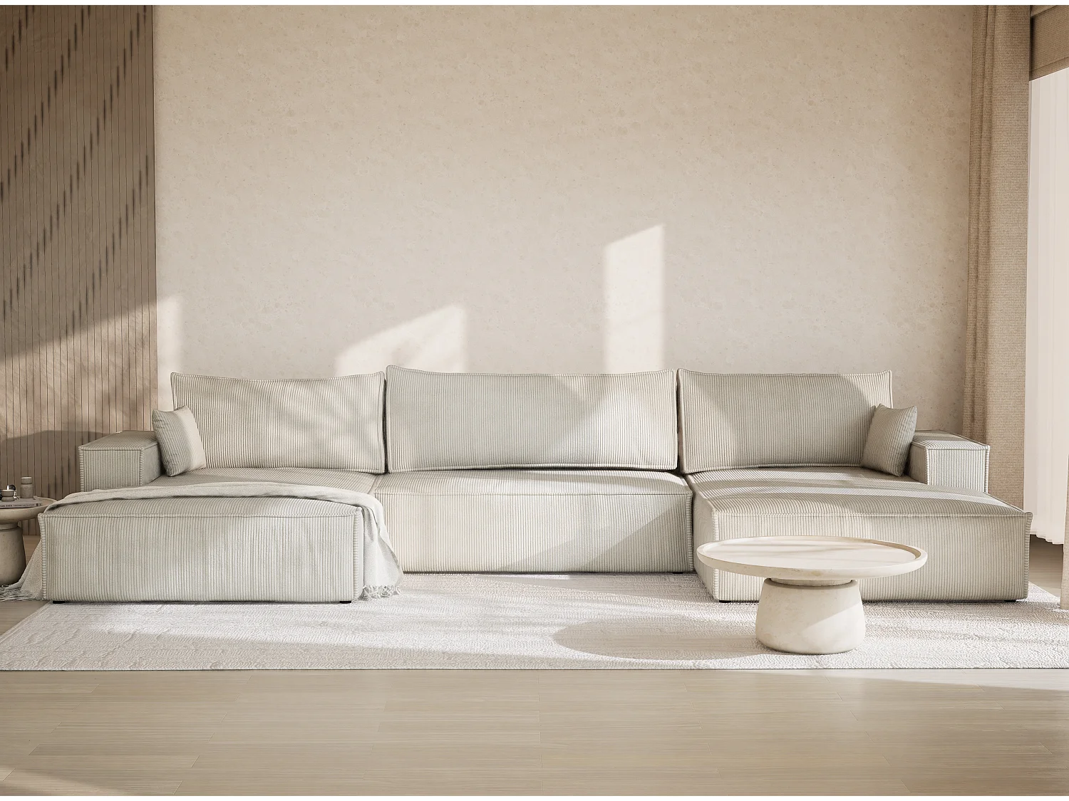 Canapé d'angle panoramique avec fonction lit en velours creme KYOTO