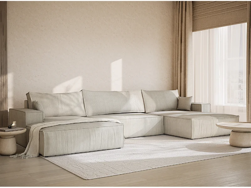 Panorama-Ecksofa mit Schlaffunktion - aus Samt - creme  - KYOTO